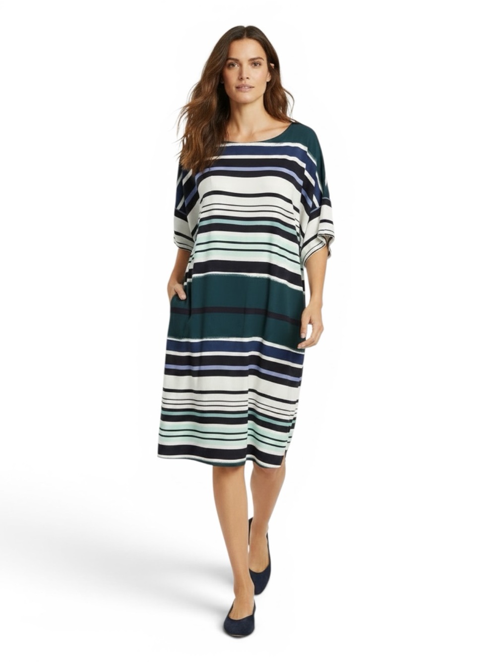 Lafayette 148 New York Striped Silk Shift Dress Sz M | Oversized Boat Neck Midi